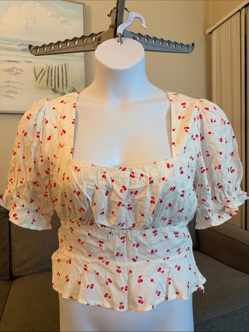 White Cherry Print Puff Sleeve Top
